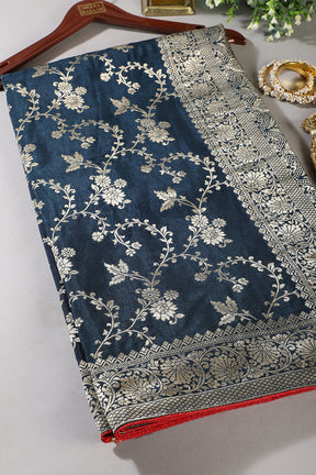 Navy Banarasi Silk Zari Floral Zaal Woven Saree