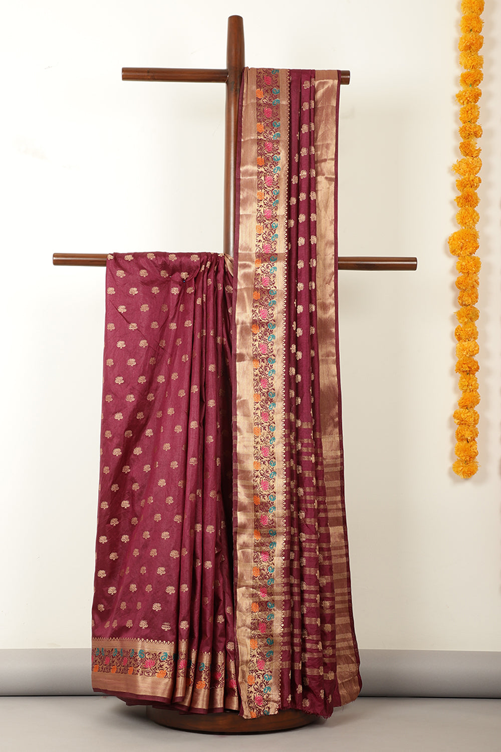 Wine Silk Zari & Resham  Woven Saree