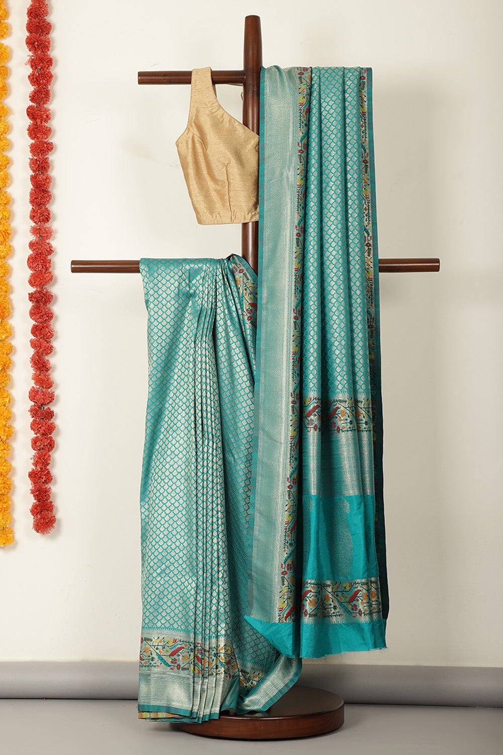 Teal Silk Zari and Resham Woven Paithani Work Saree