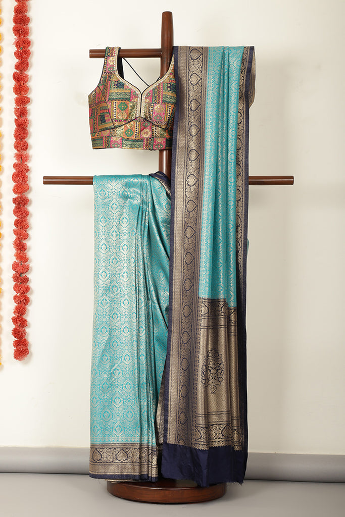 Teal & Navy Dual Toned Soft Silk Zari Woven Saree
