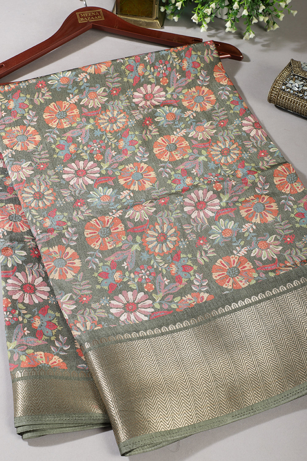 Mehandi Colour Floral Printed Cotton Silk Saree