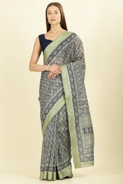 Navy Ajrakh Block Printed Cotton Saree