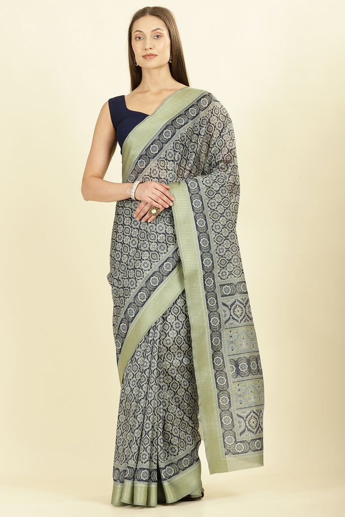 Navy Ajrakh Block Printed Cotton Saree