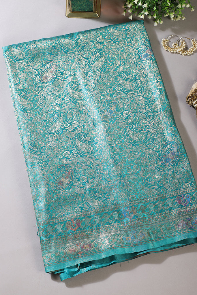 Teal Blue Baluchari Silk Meenakari Woven Saree