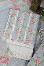 Grey Color Cotton Flower Printed and Lace Work Unstitched Suit Fabric
