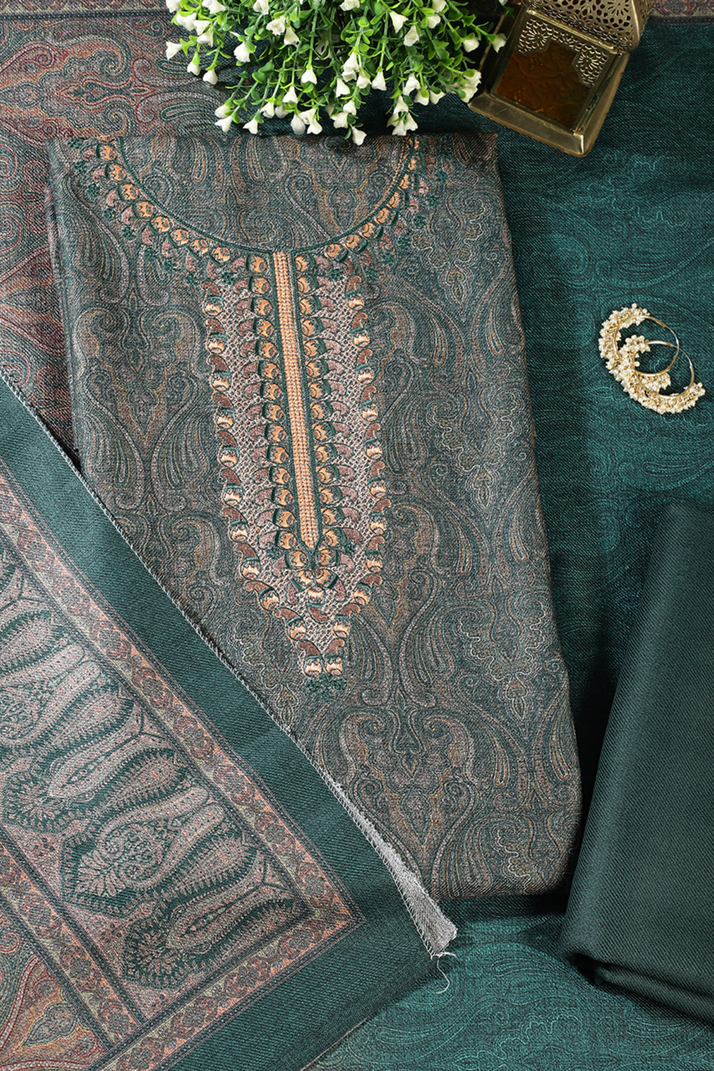 Bottle Green Pashmina Printed And Neck Embroidered Unstitched Suit Material
