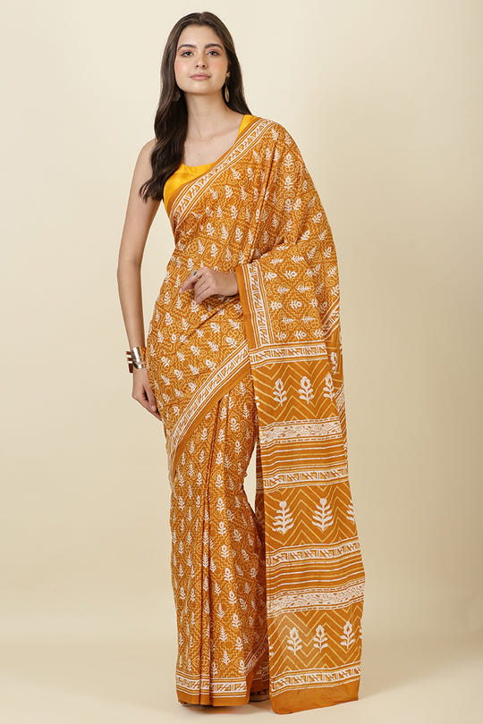 Mustard Cotton Dhabu Printed Saree