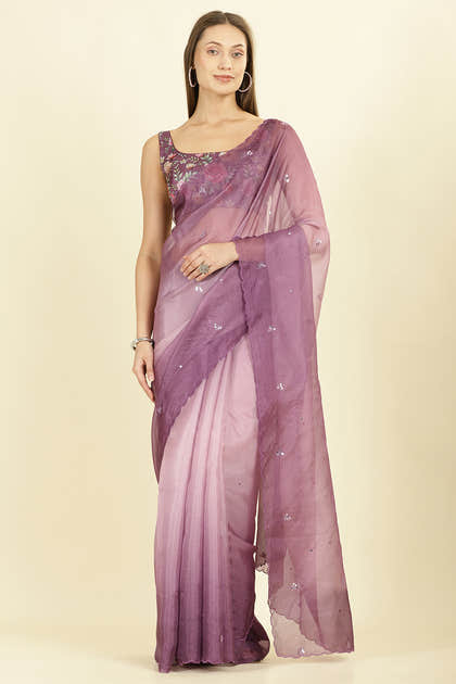 Ombre Mauve Organza Saree With Mirror Work