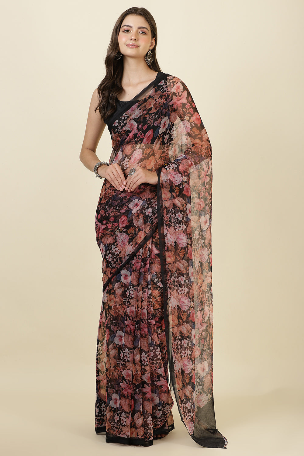Black Floral Printed Chiffon Saree