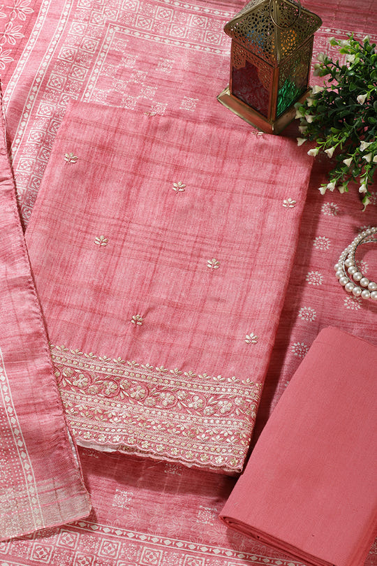 Coral Pink Tussar Silk Embroidered Unstitched Suit Material