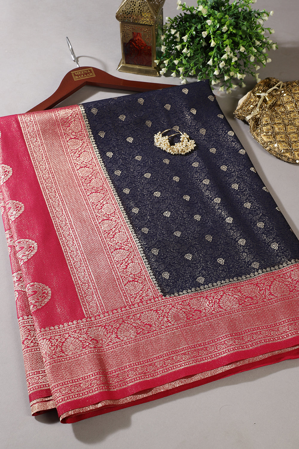 Navy & Magenta Dual Toned Soft Silk Zari Woven Saree