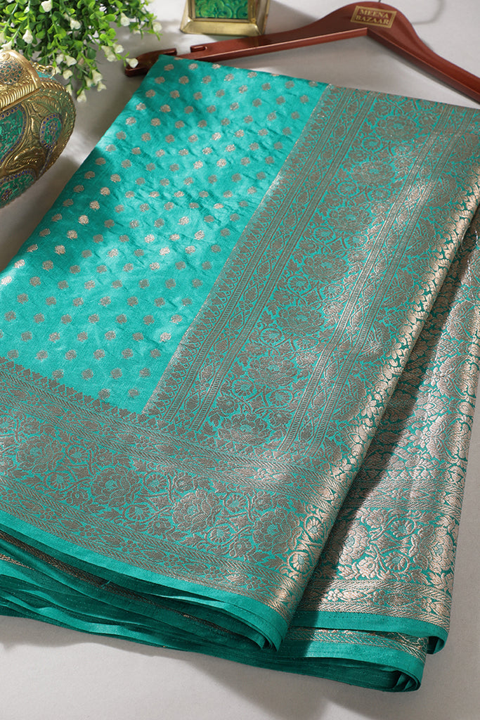 Teal Denim Zari Banarasi Woven Silk Saree