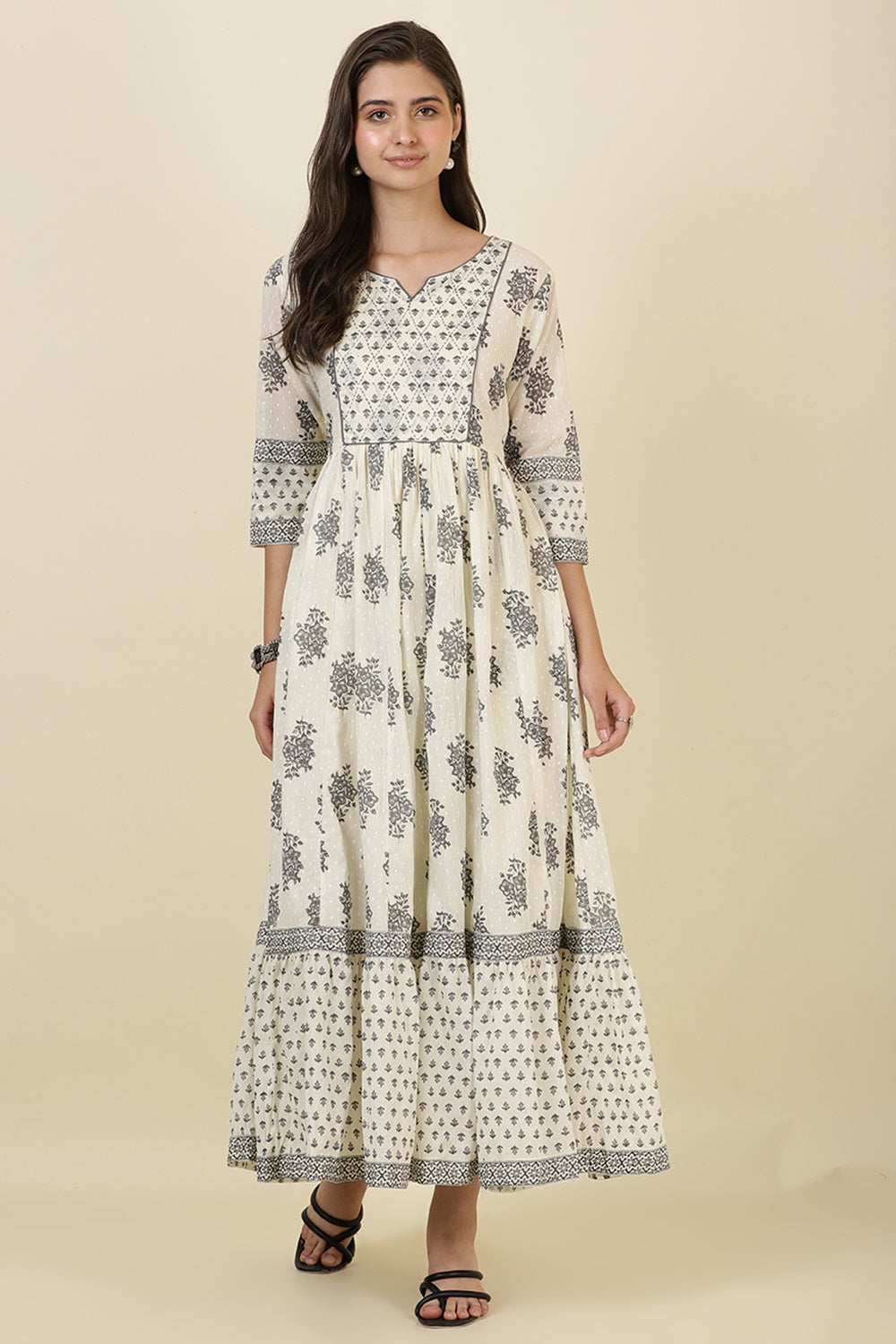 Cream & Grey Cotton Printed (Peonies) Anarkali Kurti