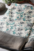 Teal & Cream Colour Floral Printed Cotton Silk Saree