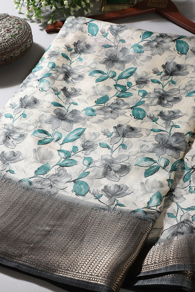 Teal & Cream Colour Floral Printed Cotton Silk Saree