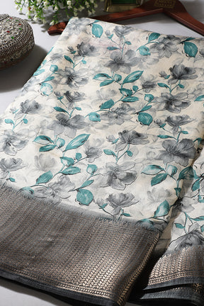 Teal & Cream Colour Floral Printed Cotton Silk Saree