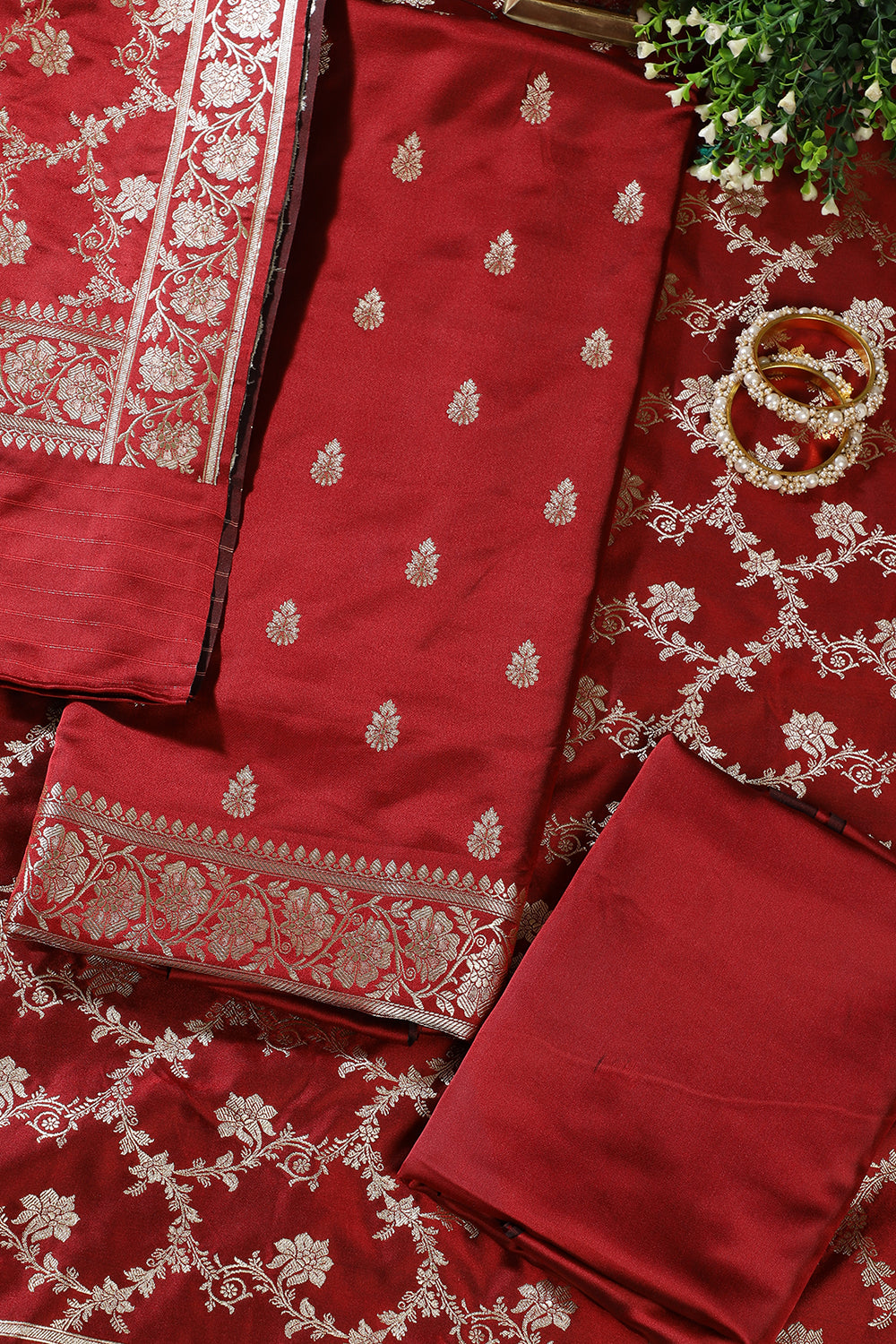 Maroon Banarsi Silk Zari Woven Unstitched Suit