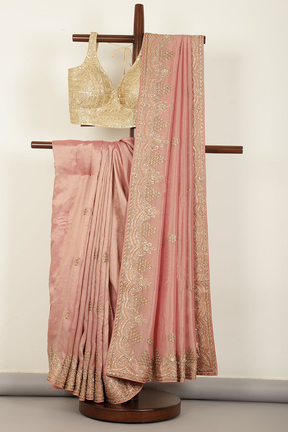 Pink Color Pure Tissue Silk Saree with Zardozi & Sequence Handwork