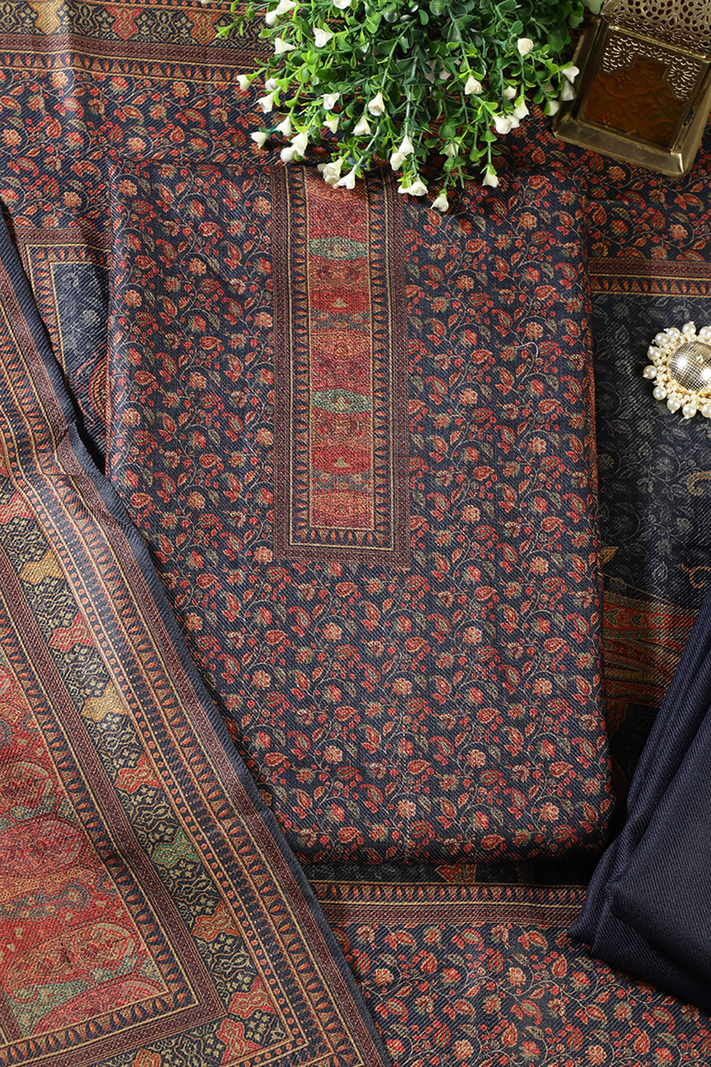 Navy Pashmina Floral Printed Unstitched Suit Material