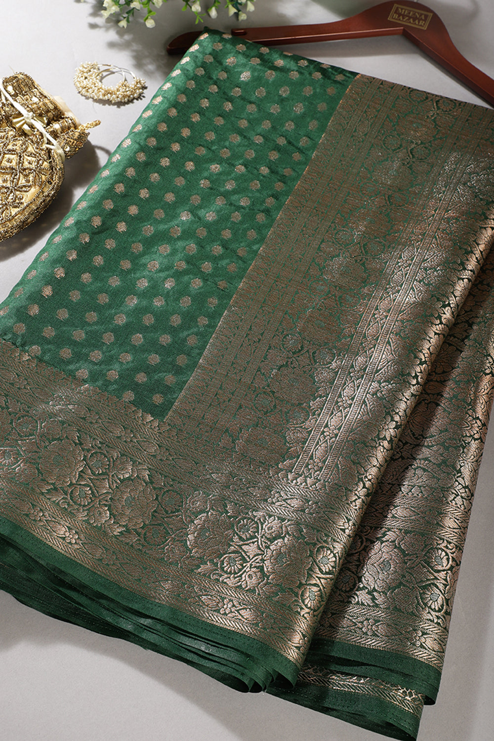 Bottle Green Zari Banarasi Woven Silk Saree