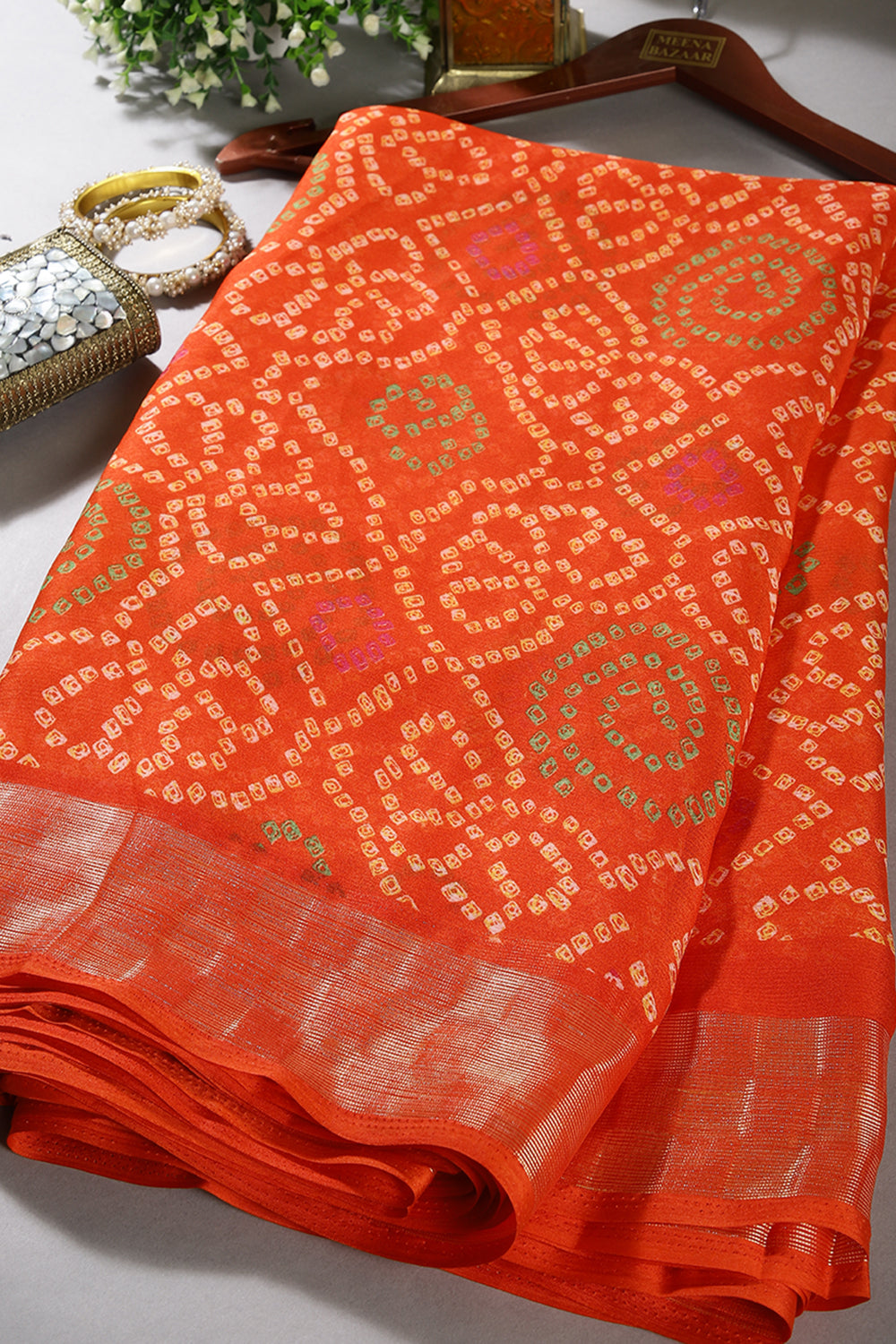 Orange Color Chiffon Bandhani Printed Saree