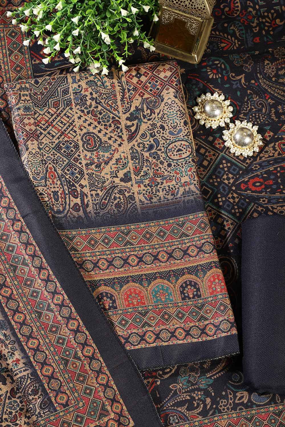 Navy Pashmina Digital Printed Unstitched Suit Material