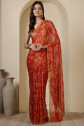 Orange Chiffon Floral Zari Border & Floral Printed Saree