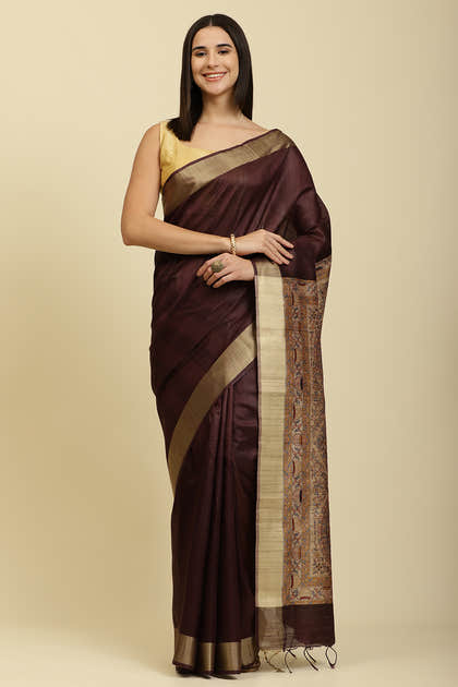 Wine Color Cotton Silk Madhubani Print Saree