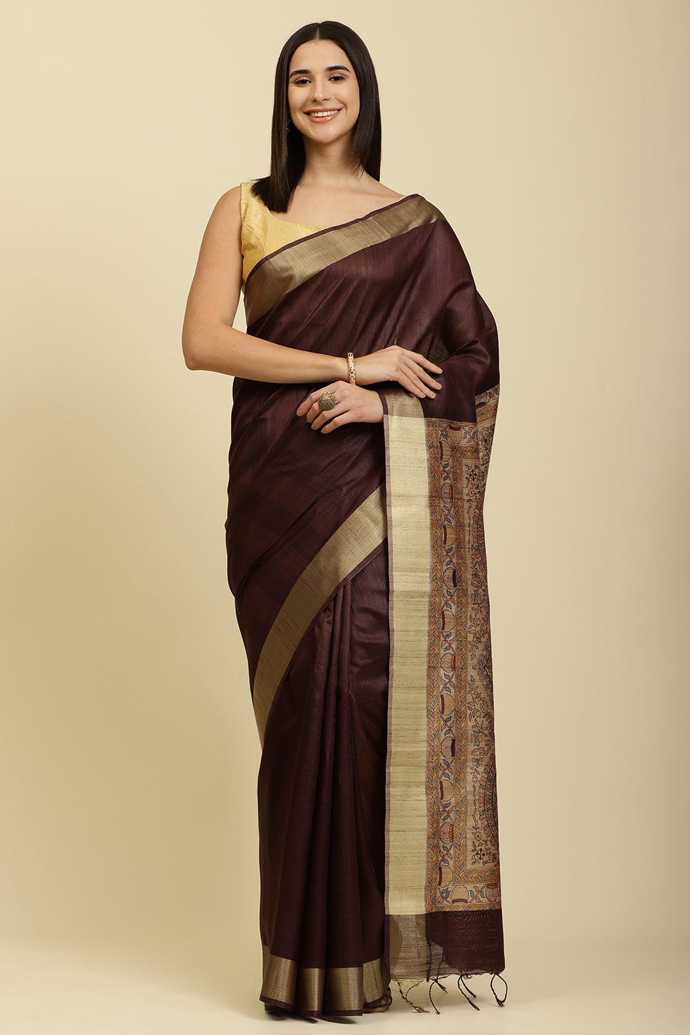 Wine Color Cotton Silk Madhubani Print Saree