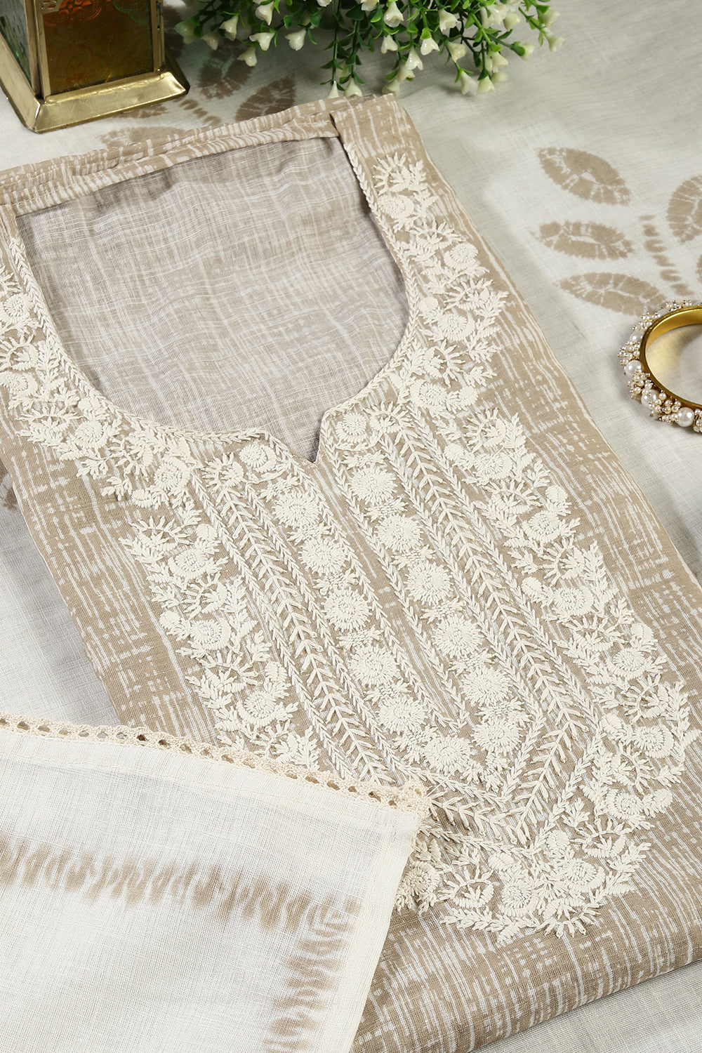 Tussar Colour Cotton Printed & Resham Neck Embroidered Unstitched Suit