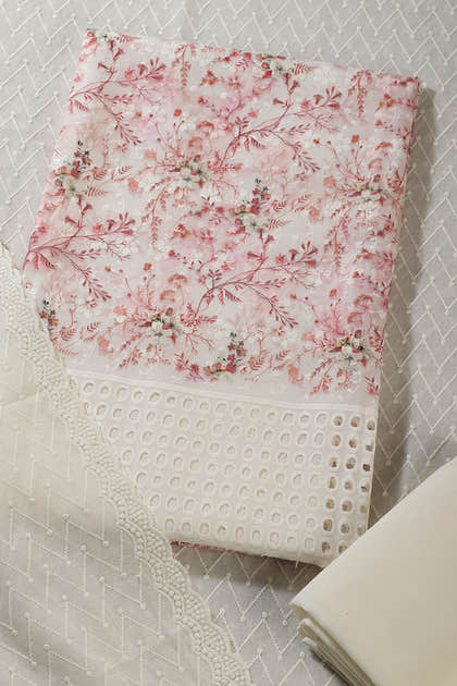 Cream & Red Cotton Chikankari Work Floral Printed Unstitched Suit