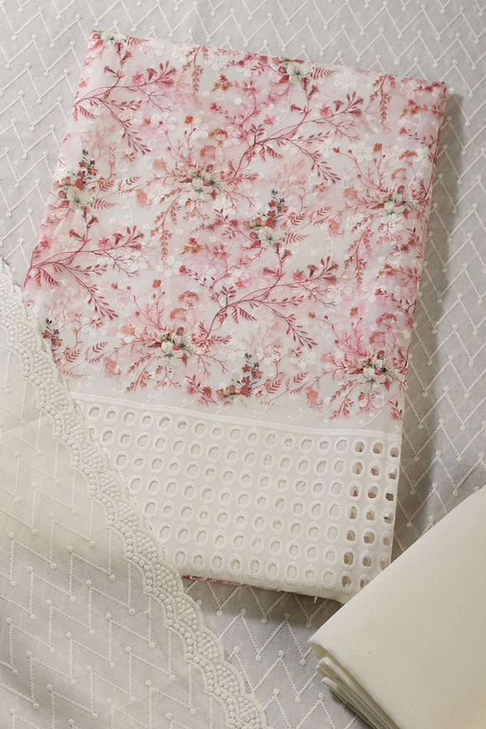 Cream & Red Cotton Chikankari Work Floral Printed Unstitched Suit