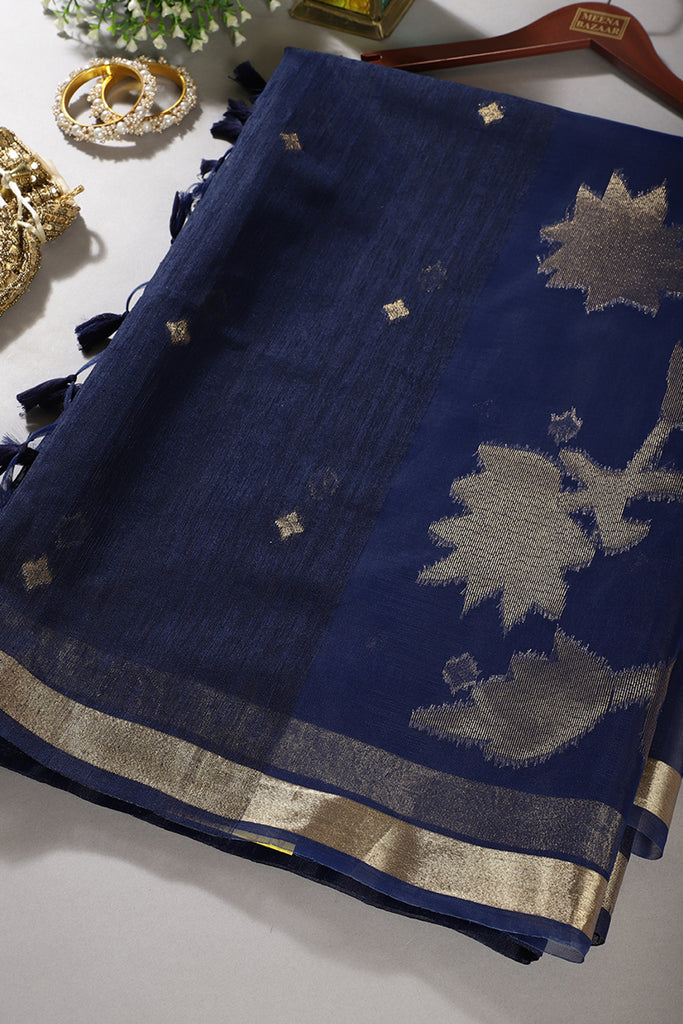 Navy Tussar Silk Floral Zari Woven Saree