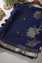 Navy Tussar Silk Floral Zari Woven Saree