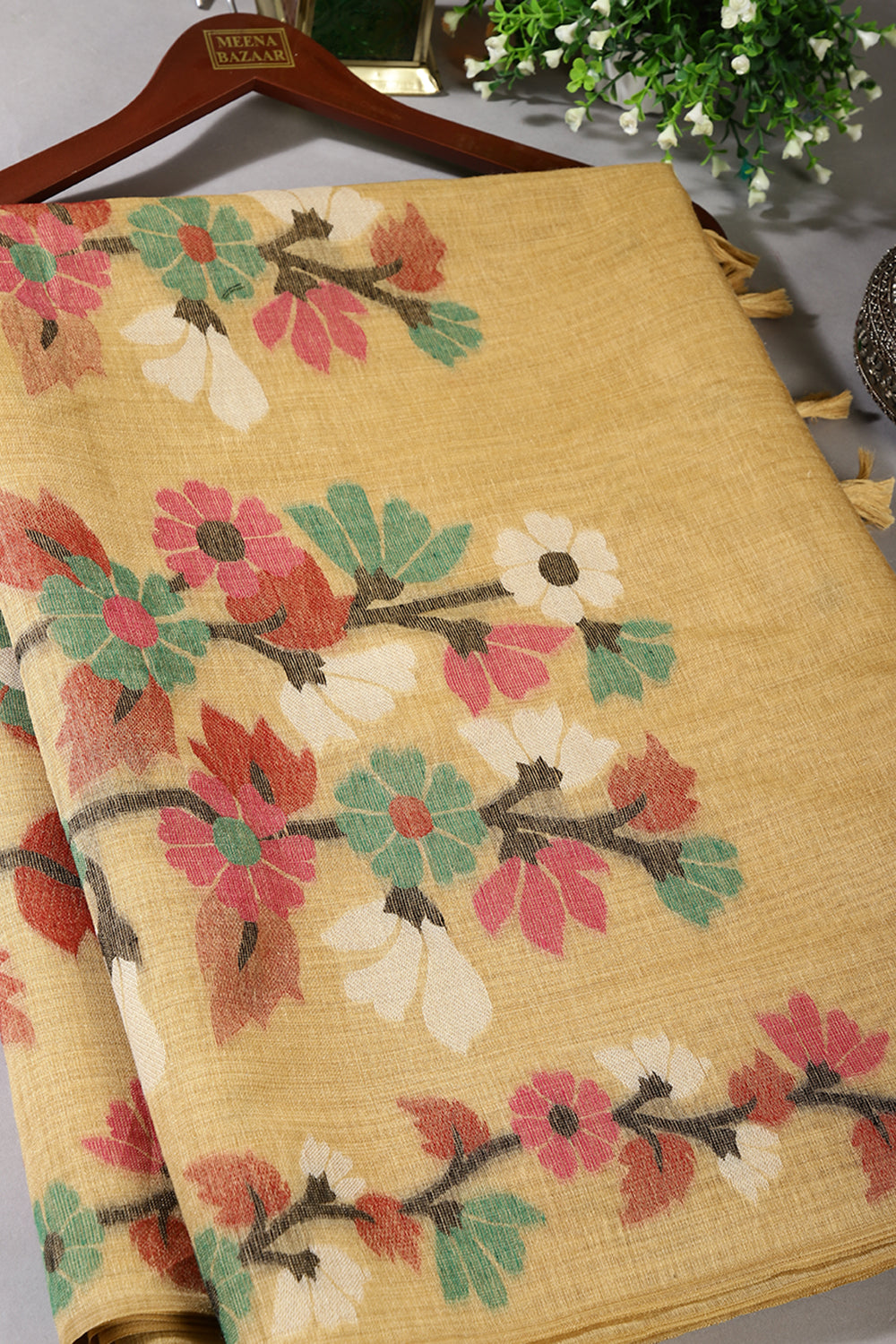 Beige Color Chanderi Cotton Resham Woven Saree