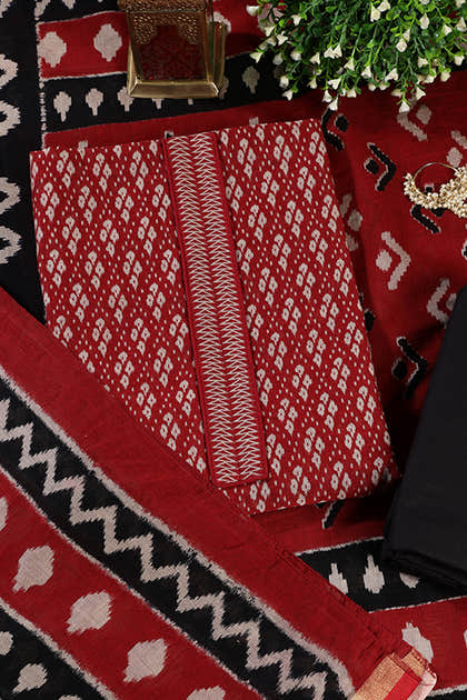 Maroon Ikkat Cotton Printed Unstitched Suit Material