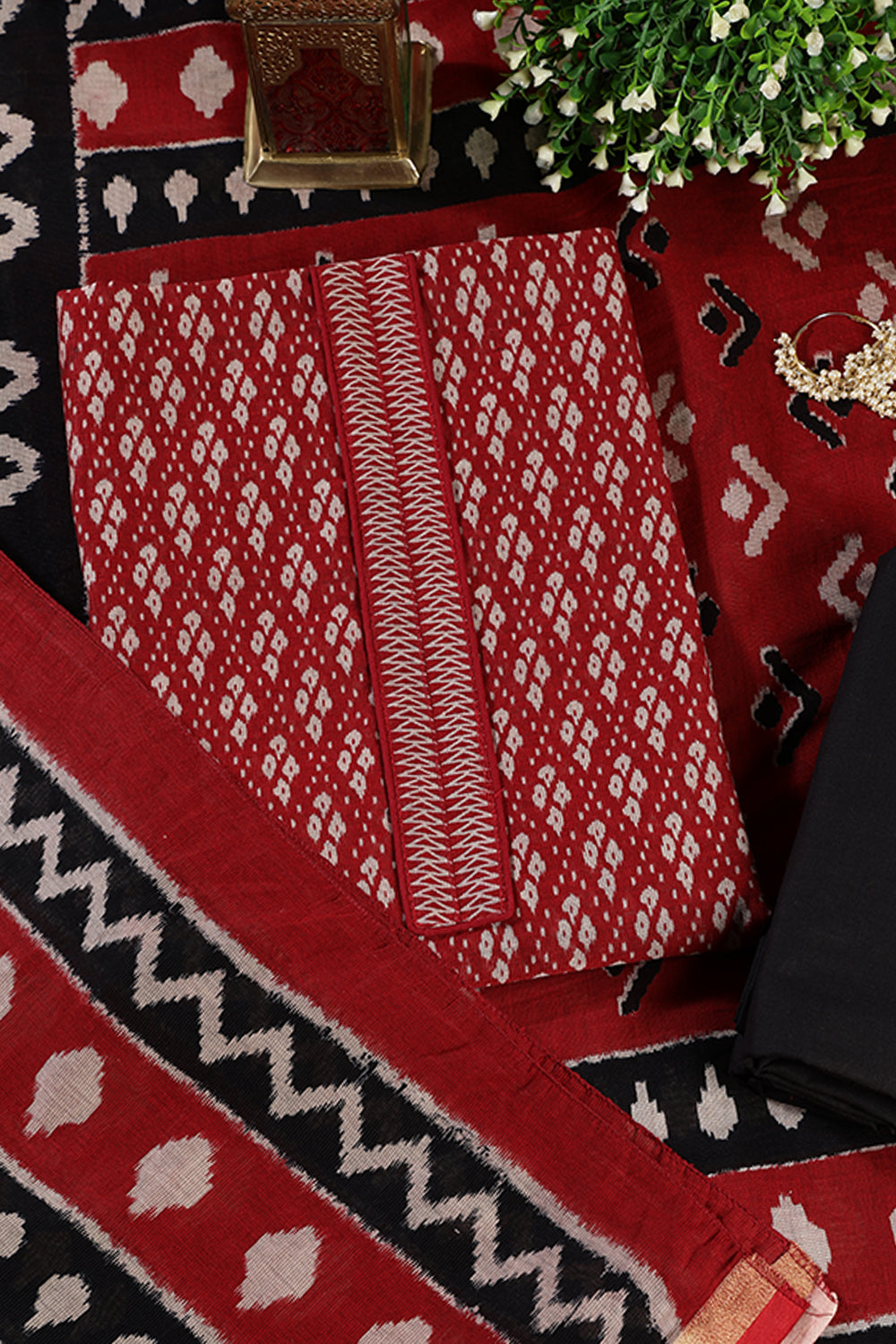 Maroon Ikkat Cotton Printed Unstitched Suit Material