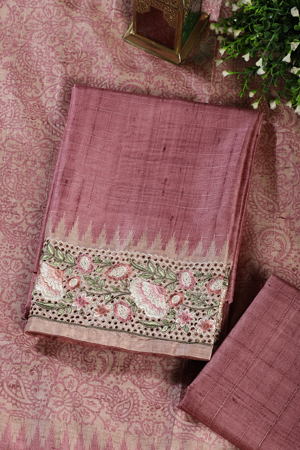 Dusty Pink Tussar Cotton Floral Lace Work Unstiched Suit Material