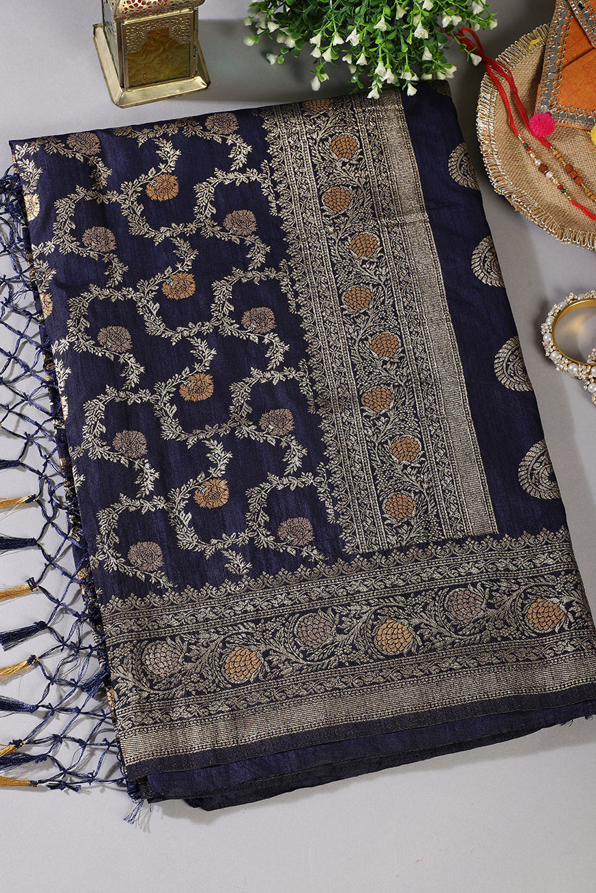 Navy Silk Floral Zaal Woven Banarasi Saree