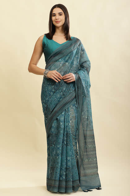 Teal Blue Cotton Silk Printed Saree