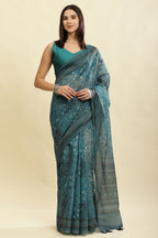 Teal Blue Cotton Silk Printed Saree