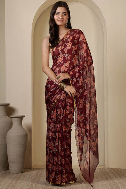 Dark Scarlet Chiffon Floral Zari Border & Floral Printed Saree