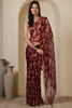 Dark Scarlet Chiffon Floral Zari Border & Floral Printed Saree