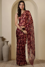 Dark Scarlet Chiffon Floral Zari Border & Floral Printed Saree