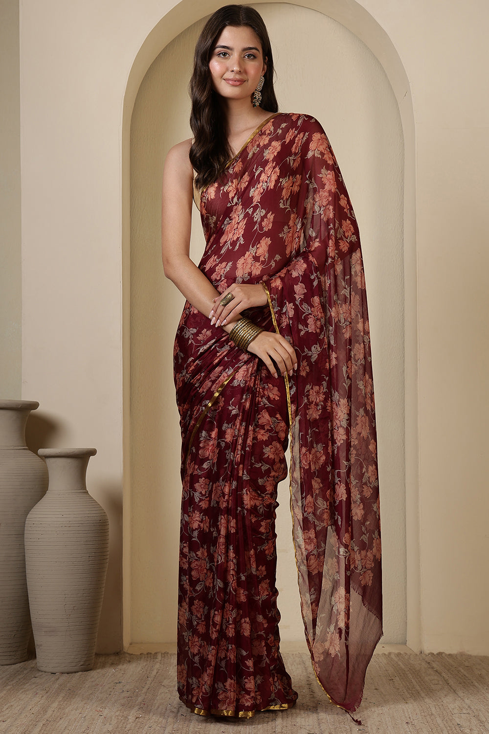 Dark Scarlet Chiffon Floral Zari Border & Floral Printed Saree