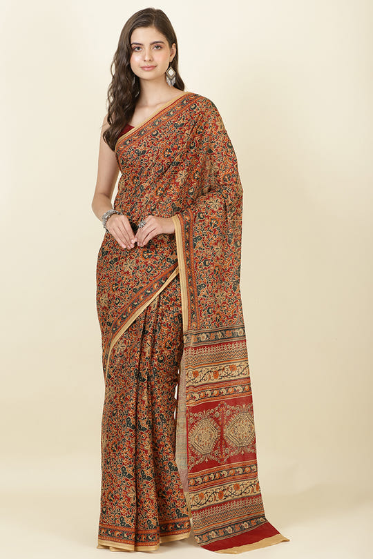 Maroon Floral Printed Cotton Saree