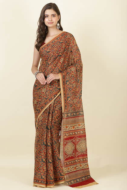 Maroon Floral Printed Cotton Saree