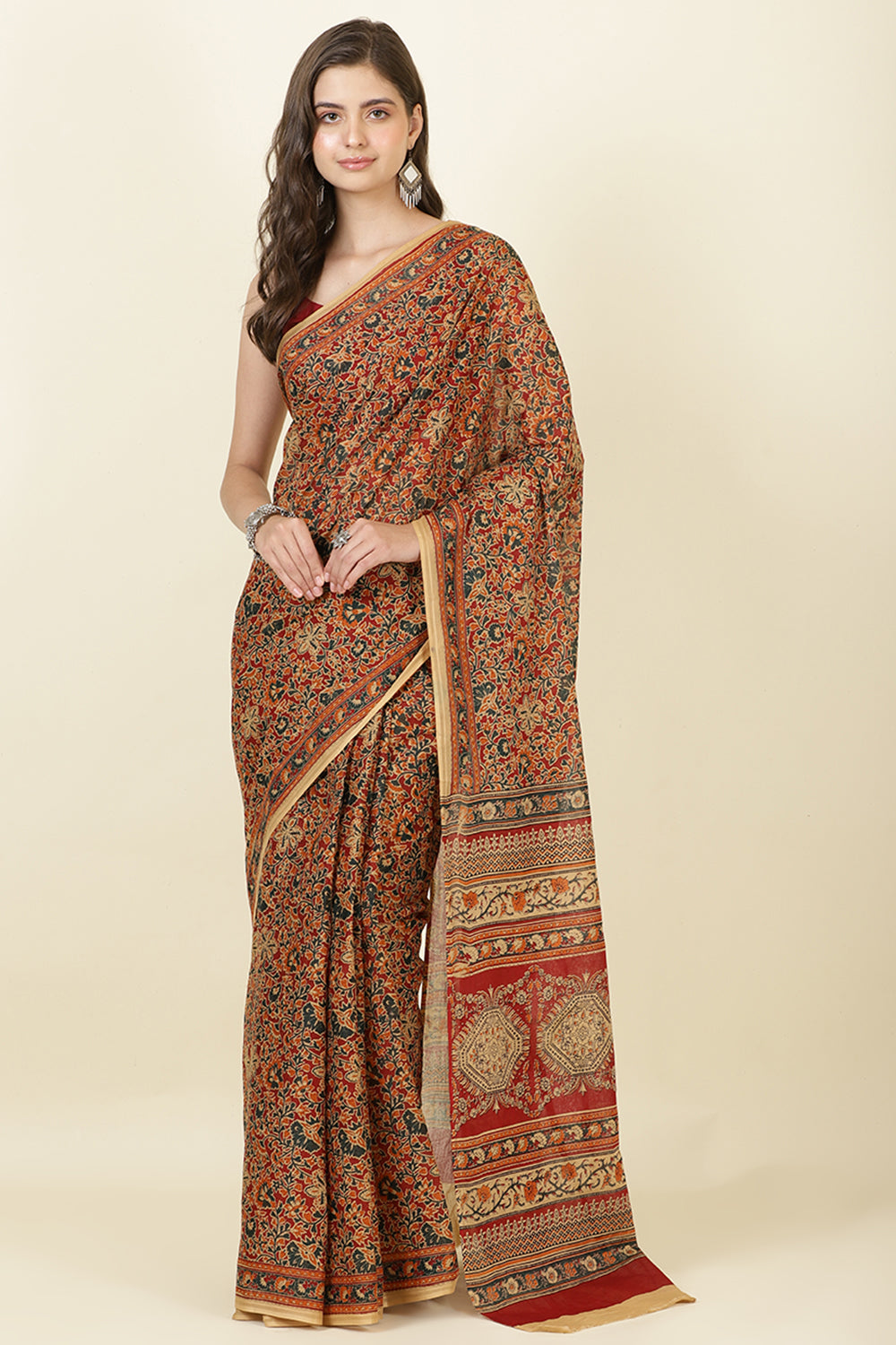 Maroon Kalamkari Printed Cotton Saree