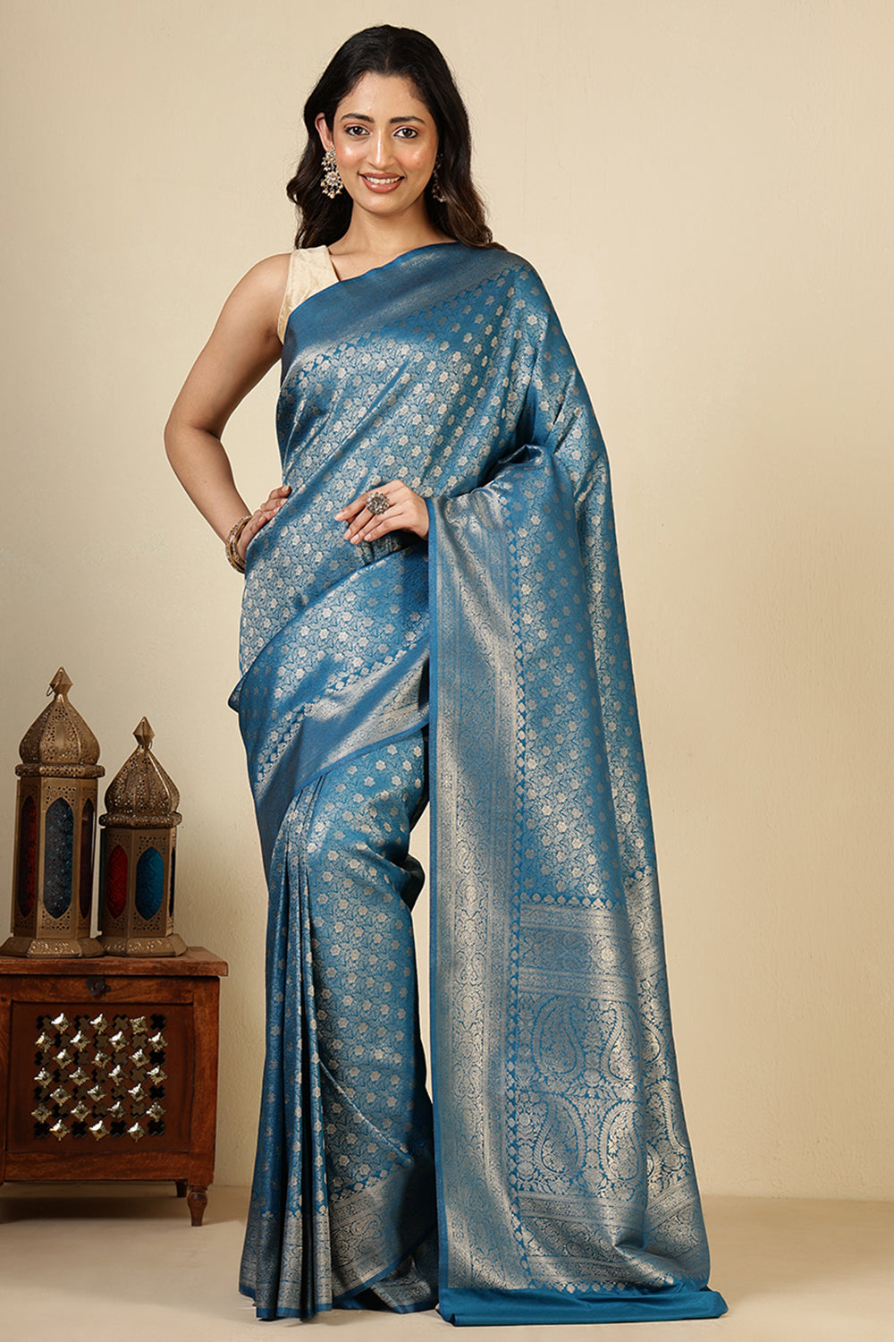 Pecific Blue Floral Zaal Woven Soft Silk Saree