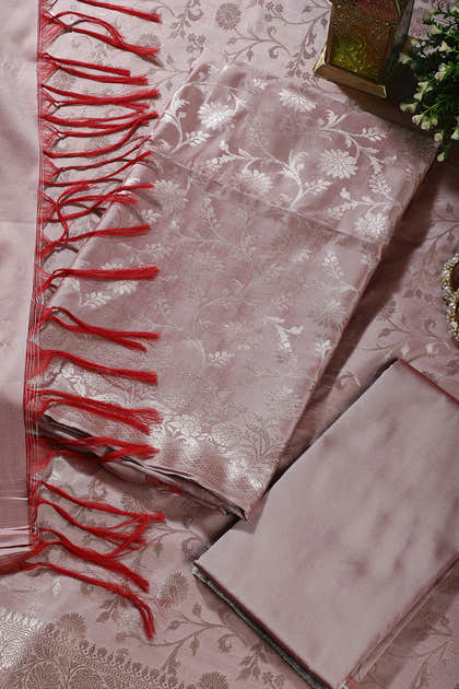Light Mauve Zari Floral Woven Silk Unstitched Suit Fabric